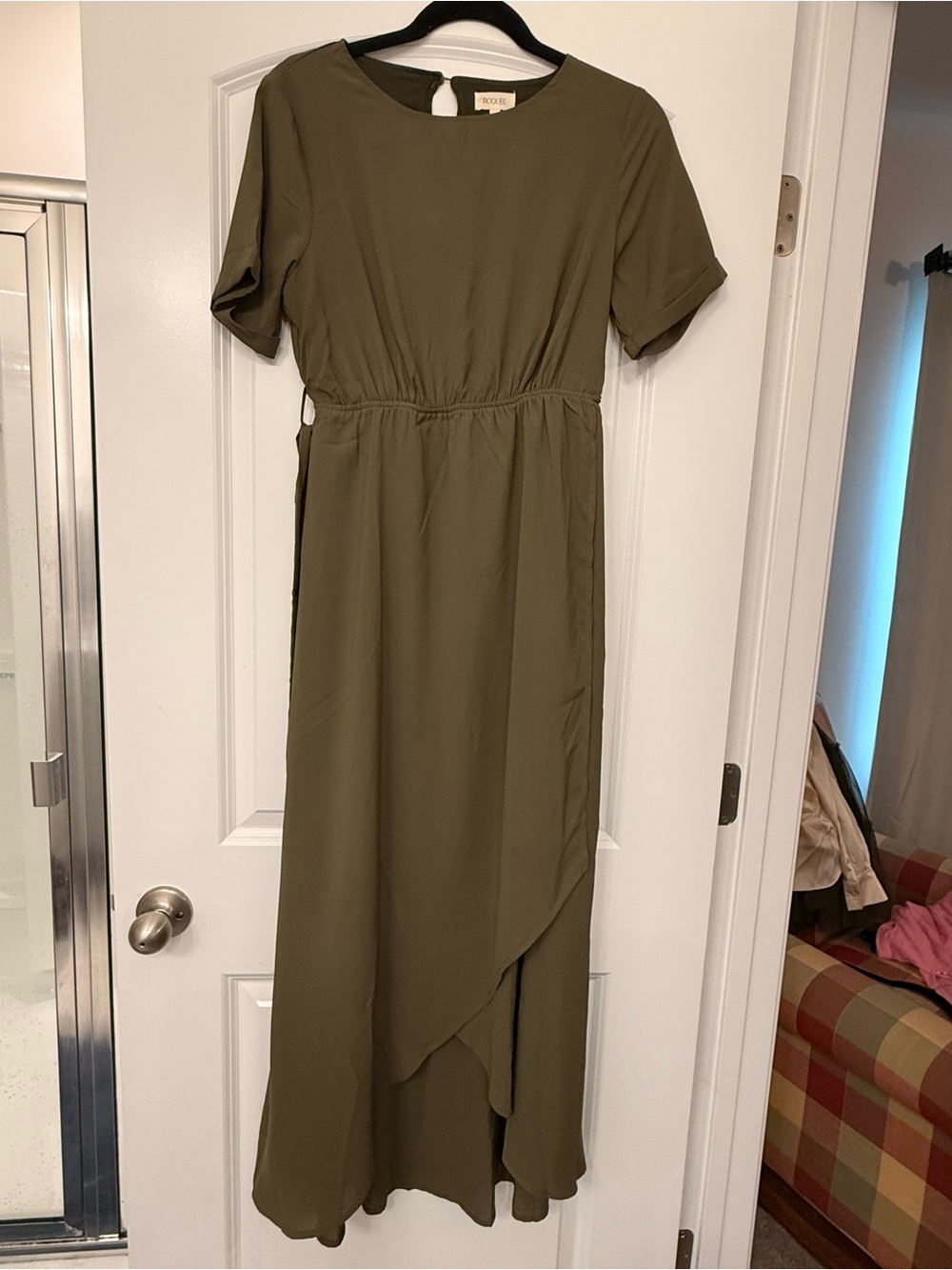 Roolee Olive Green Short Sleeve Wrap-Front Maxi Dress